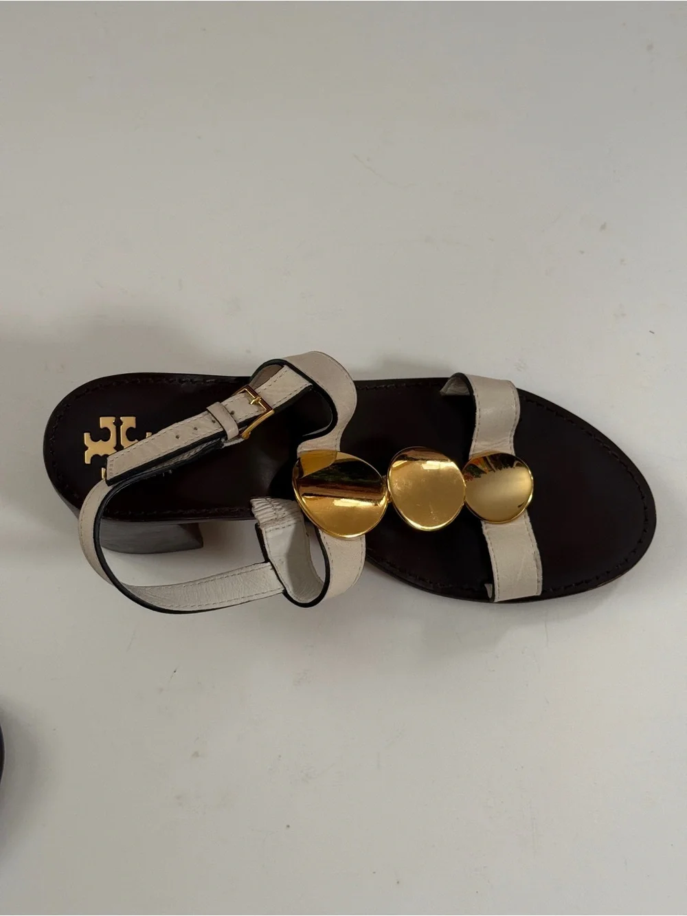 Tory Burch White Leather Sandals with Gold Disc Detail